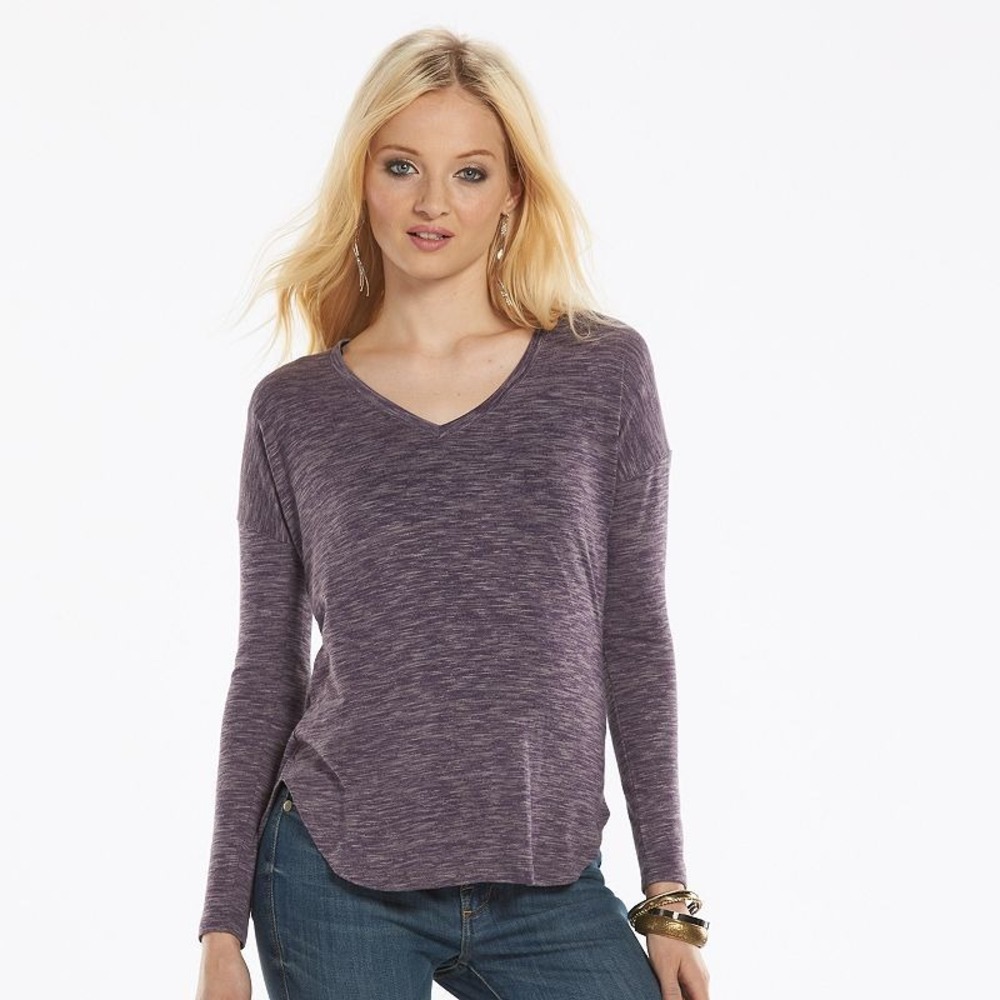 Rock & Republic Space Dye V Neck Sweater Long‎ Sleeves Sz Large Purple NWT
